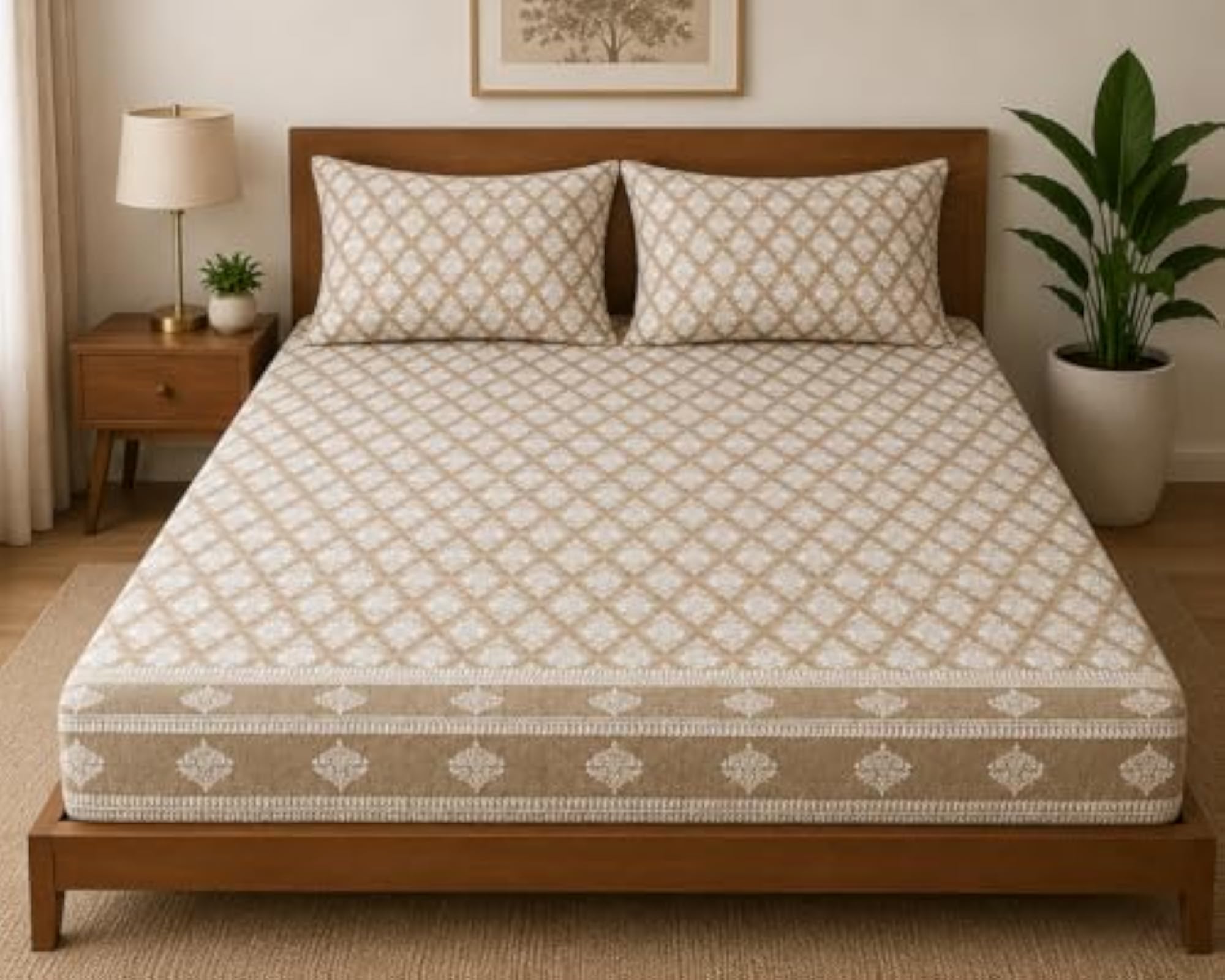 100% Pure Cotton Elastic Fitted King Size Bedsheet with 2 Pillow Covers